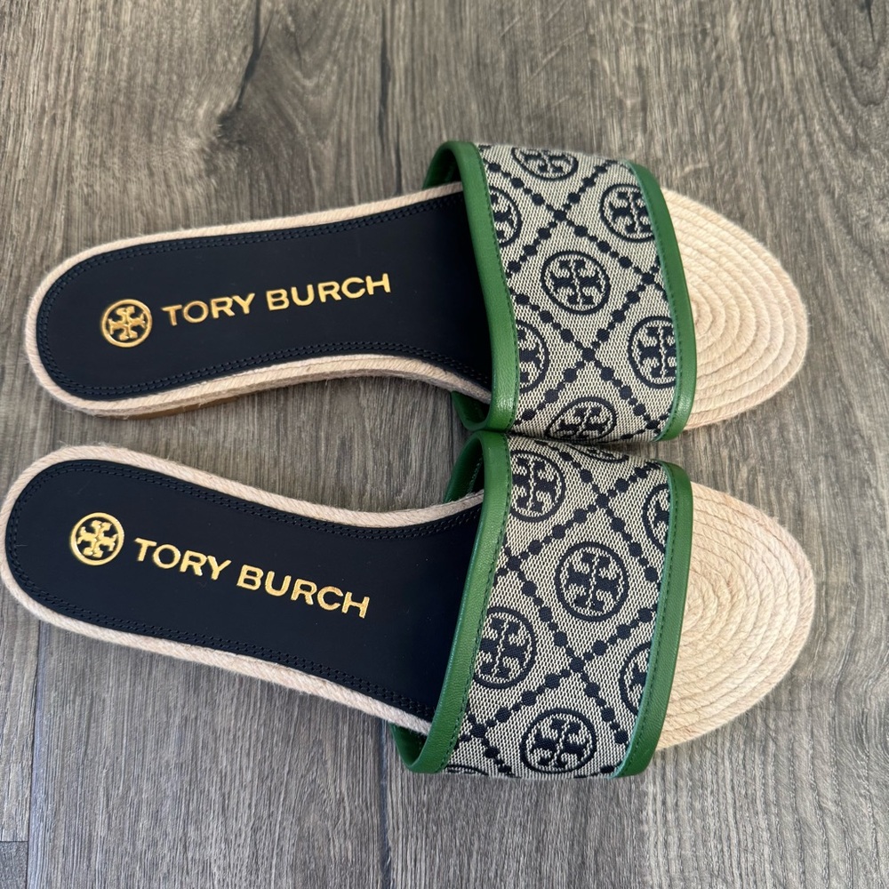 Tory Burch T monogram sandals Green and Beige Women's Slides espadrille size 8.5 - Picture 4 of 13
